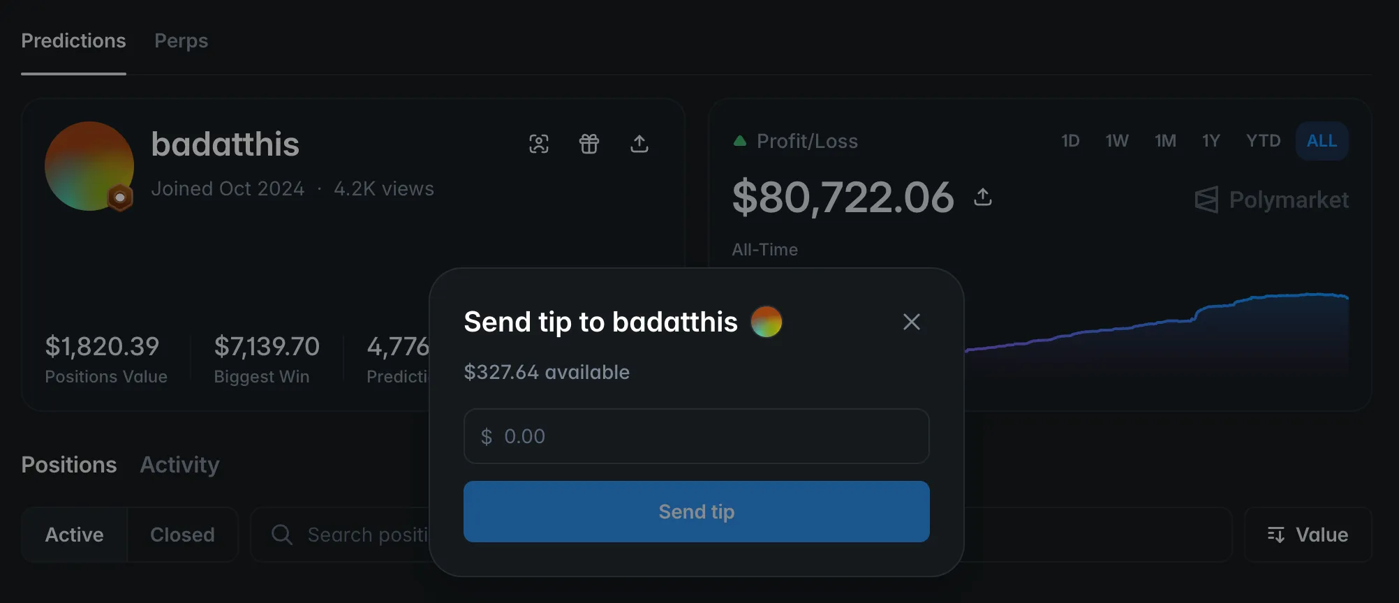 Polymarket's in-app 'Send tip' modal — send part of your balance to another user in two clicks.