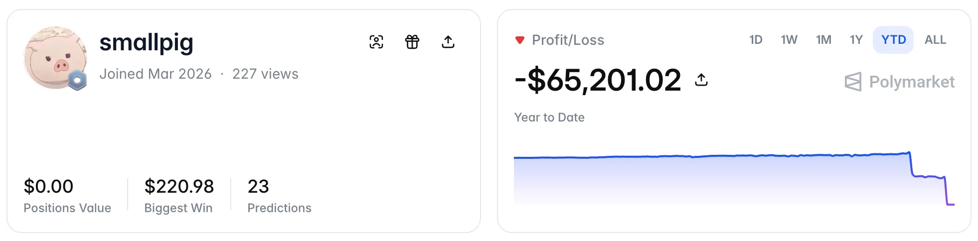 smallpig's Polymarket profile: $0 positions value, $220.98 biggest win, 23 predictions, and a year-to-date P/L of −$65,201.